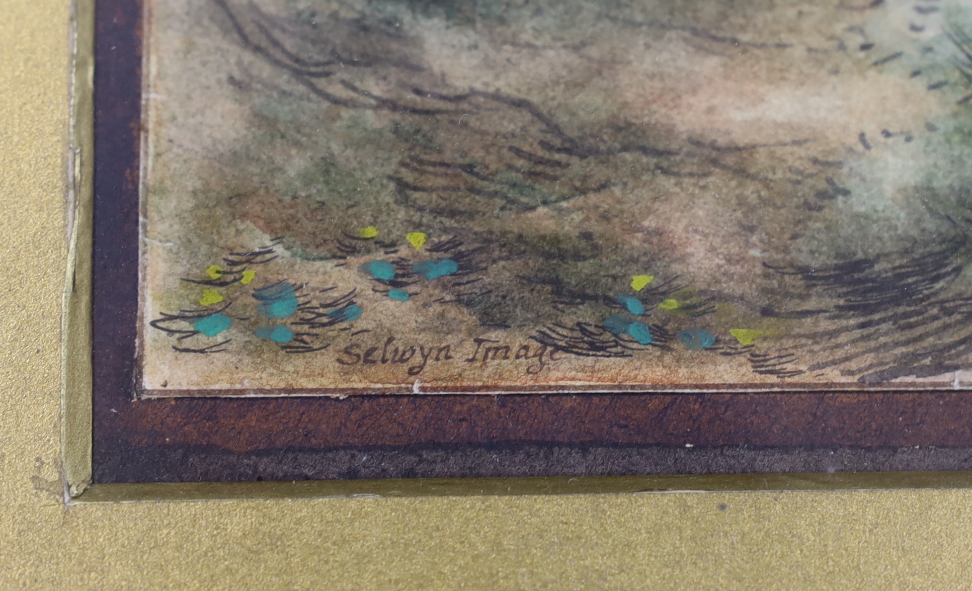 Selwyn Image (1849-1930), ink and watercolour, Woodland landscape with figure and dog, signed, 21 x 17cm
